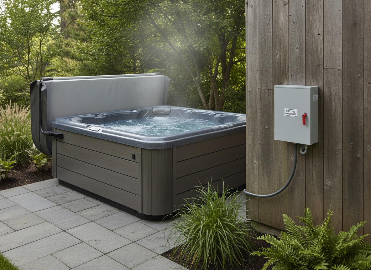 Hot tub with electrical disconnect panel.