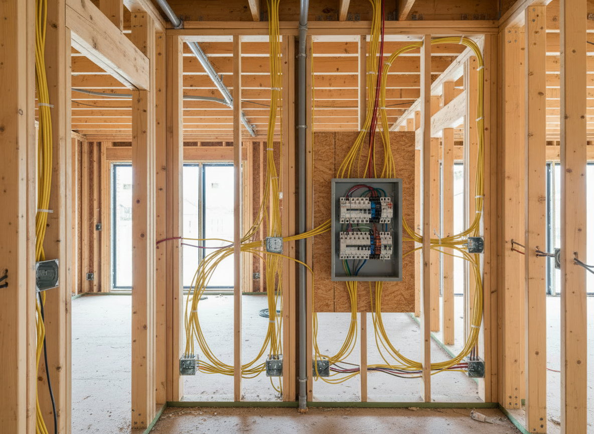 Edit the existing New Construction image. Keep the residential new-construction electrical installation scene and composition, but replace any visible wiring with realistic yellow NM-B Romex cable, clearly recognizable as yellow Romex. Keep the image realistic and professional, with no captions or text.