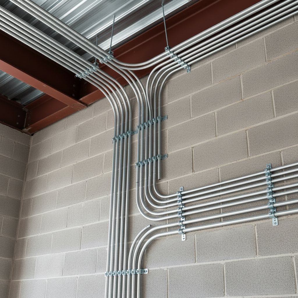 Redo the existing Commercial Construction image while keeping the same realistic commercial construction electrical-installation setting. Show exceptionally clean, professional silver galvanized EMT conduit work: straight parallel runs, precise 90-degree bends, evenly spaced straps, properly aligned couplings, and neat routing along the unfinished wall or ceiling. Remove any visible black or blue wires, loose cable, Romex, and plastic pipe. No captions or text.