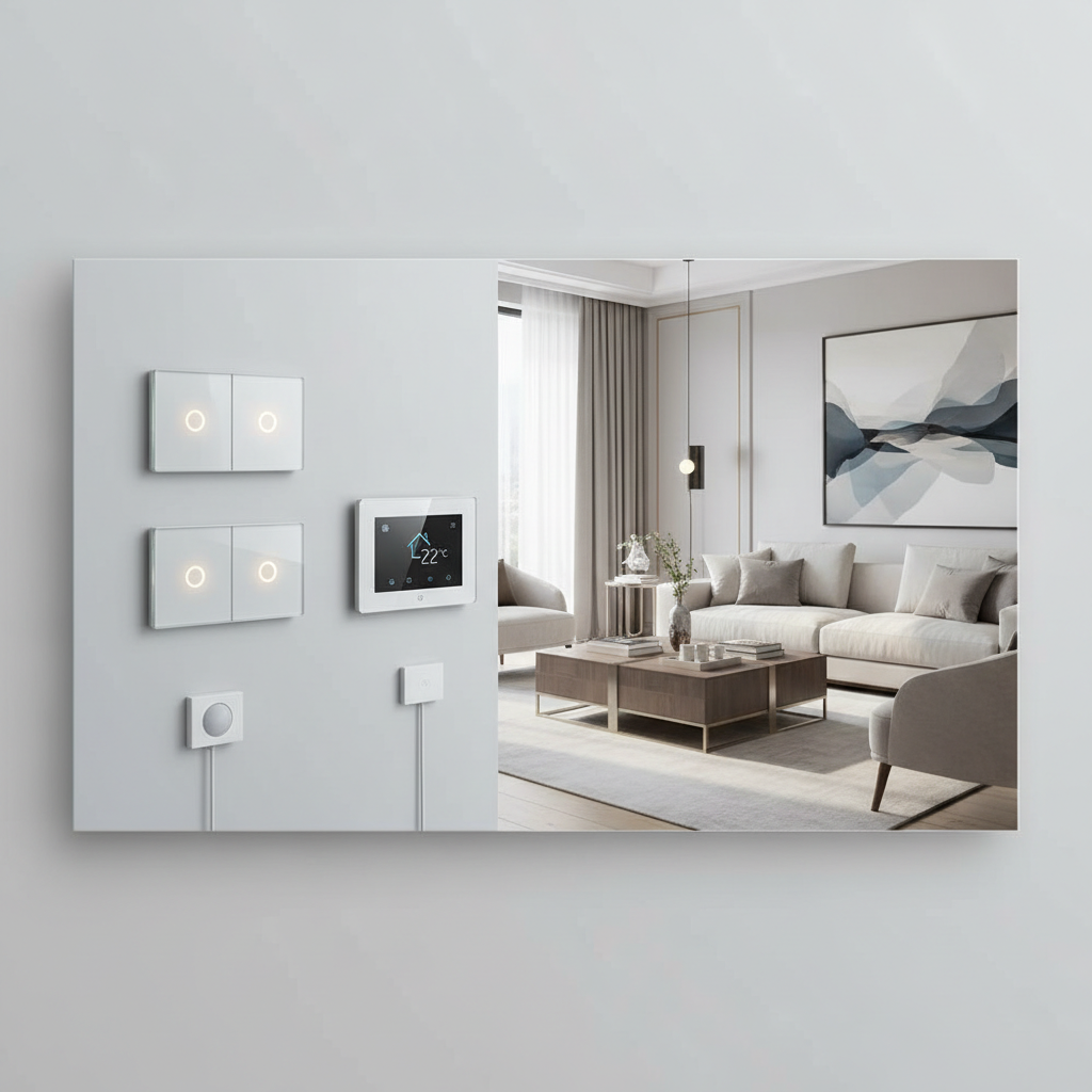 Smart light switches on a wall.