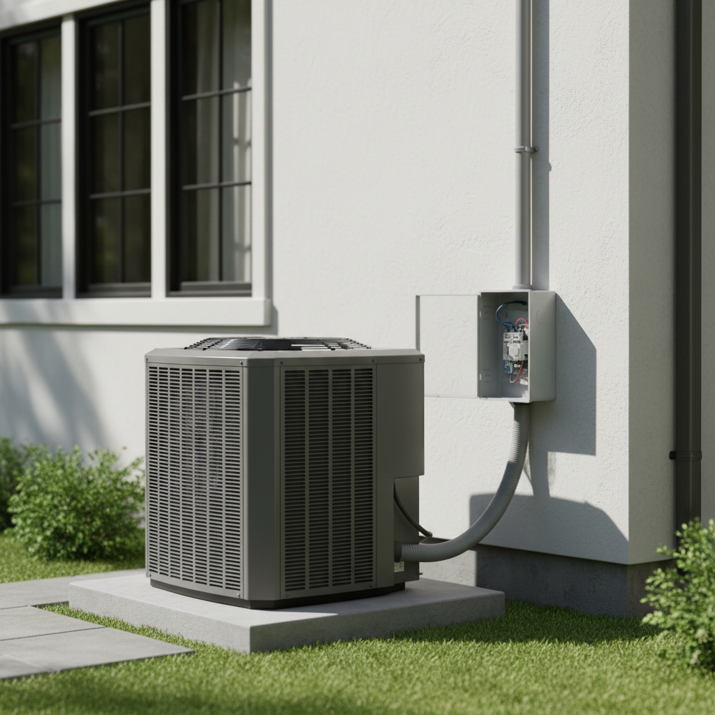 Outdoor air-conditioning heat pump with weatherproof electrical disconnect.
