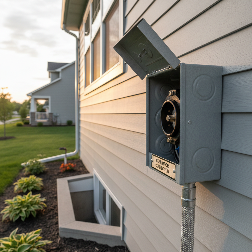 Create a realistic professional residential electrical photo showing a true generator inlet: a weatherproof exterior inlet box mounted on the outside wall of a home, with a hinged cover, clearly visible twist-lock generator inlet receptacle and labeled connection box. Show the inlet as the main subject, not a portable generator. Include neat electrical conduit entering the box. No EV charger, no standard outlet, no breaker panel, no random wires, no captions or text.